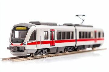 Naklejka premium White train with red stripe on tracks.