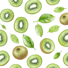 Fototapeta premium Watercolor seamless pattern of kiwi fruits, isolated on a white background. png