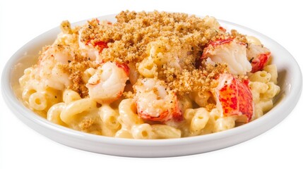 A plate of creamy lobster mac and cheese with chunks of tender lobster, rich cheese sauce, and a breadcrumb topping