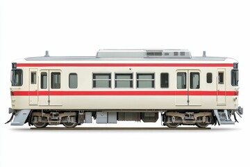 Fototapeta premium White train with red stripes on track.