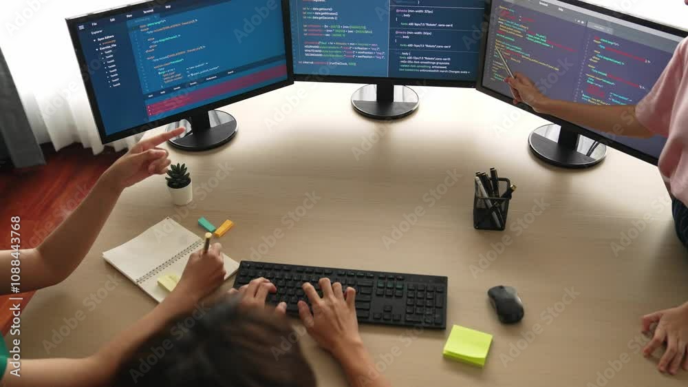 Poster slow motion back end software developer engineer for computer programming working together on debugg