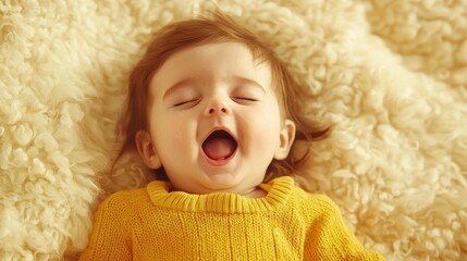 Newborn baby yawning on fluffy blanket cozy home setting high-quality portrait warm environment adorable viewpoint joyful concept for parenthood
