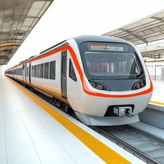 Naklejka premium White train at a platform with yellow stripes.
