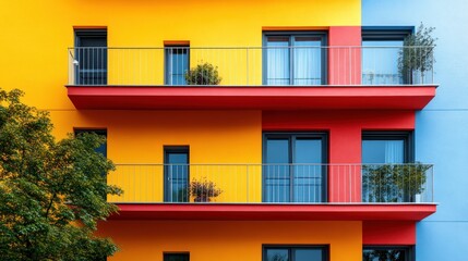 Fototapeta premium Colorful modern building facade with balconies and greenery.