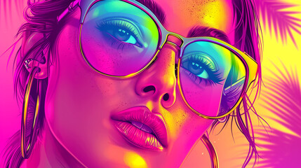 Fototapeta premium A woman with a colorful background and a pair of sunglasses