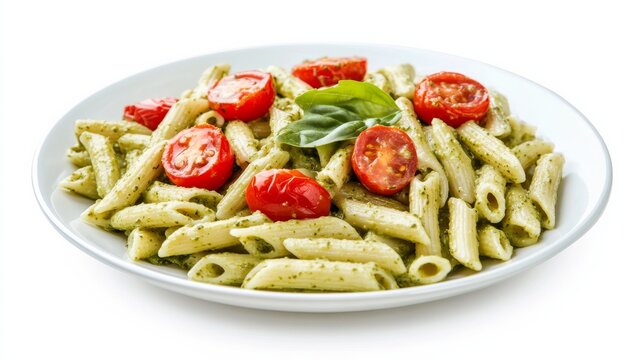 A plate of creamy pesto pasta with penne, cherry tomatoes, spinach - Powered by Adobe