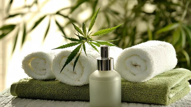 Spa tranquility with cbd oil and fresh towels in natural setting
