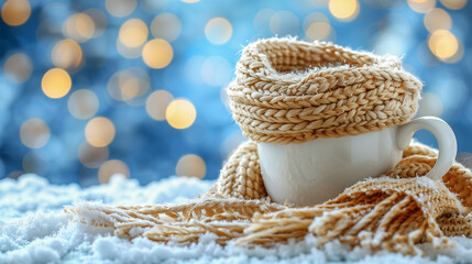 Obraz premium Cozy Winter Mug Wrapped in Knitted Scarf with Snowy Background