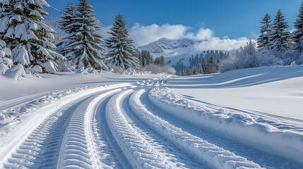 Obraz premium Curved Snow Tracks Through Pristine Snowy Forest Landscape..