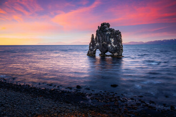 Gorgeous Hvitserkur rock formations in the sea on the Atlantic coast. Location place Troll, Northwest Iceland, Hunafloi Bay, Europe.