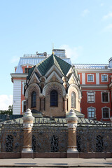 The Iverskaya Chapel-Vestry in St. Petersburg is located opposite the Church of the Savior on Spilled Blood