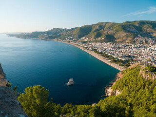 Overhead view of Cleopatra and Damlatas beach from Alanya castle.Turkey's tourist centers. Mediterranean coast Alanya, Antalya province, Turkey 