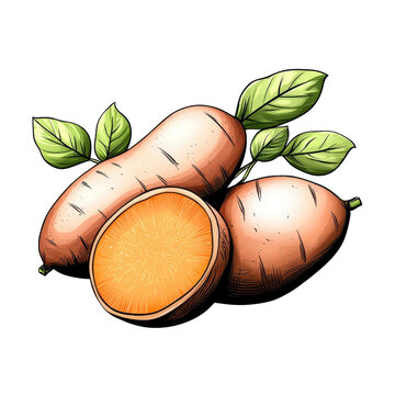sweet potatoes with leaves on white clip art preview