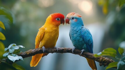 Obraz premium Two Colorful Parrots Perched on a Branch