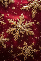 Gold snowflakes on red velvet, adding a festive touch to a holiday table.