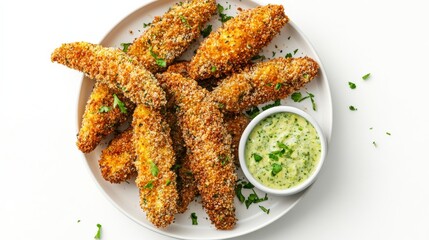 A plate of crispy avocado fries coated in panko breadcrumbs and served with a side of spicy mayo, Each fry golden and bursting with flavor