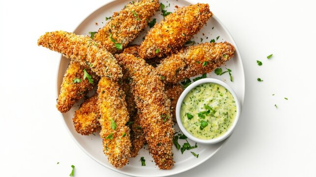 A plate of crispy avocado fries coated in panko breadcrumbs and served with a side of spicy mayo, Each fry golden and bursting with flavor
