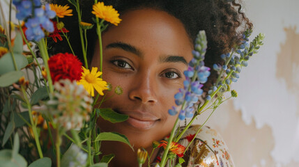 International Women's Day. Love, romance concept. Beautiful African-American woman with bouquet of spring flowers 