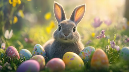 Happy Easter Bunny with many colorful easter eggs. picture