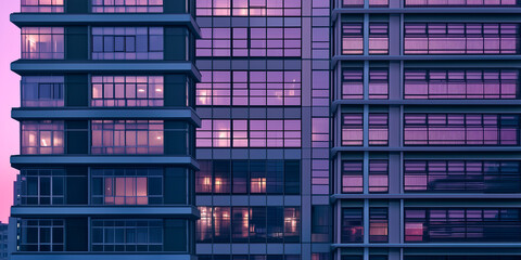 Obraz premium Urban high-rise buildings at sunset, showcasing modern architecture and glowing windows