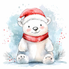 Cute Polar Bear with Santa Hat, Winter Design for Kids' Rooms and Festive Decor, generated ai