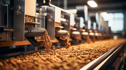 Shot of Industrial machinery in the pet food industry, focused on manufacturing dry dog food pellets.