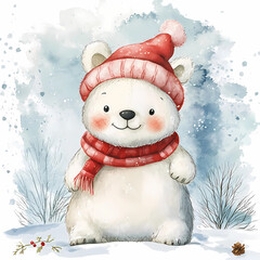 Cute Polar Bear with Santa Hat, Winter Design for Kids' Rooms and Festive Decor, generated ai