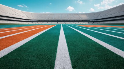 A vibrant football field with colorful stripes under a clear sky, showcasing the stadium's expansive view and inviting atmosphere.