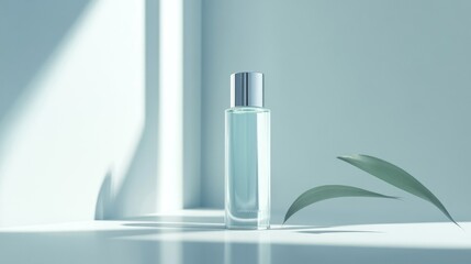 Minimalist Beauty: An Elegant Glass Bottle of Perfume Surrounded by Soft Natural Light and Delicate Green Leaves in a Serene Modern Space