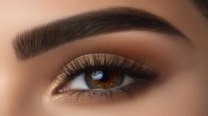 Obraz premium Close-Up of Beautiful Eye with Golden Makeup and Luscious Lashes, Showcasing Natural Elegance and Glamorous Eye Art in Rich Detail