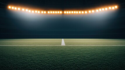 A darkened sports field illuminated by bright lights, showcasing a vibrant green pitch with a center line, ready for an exciting game.