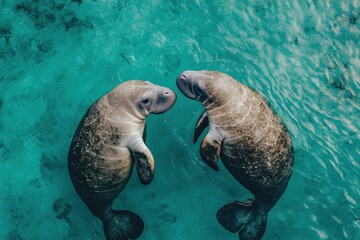 Fototapeta premium Two Manatees in Turquoise Water Aerial View