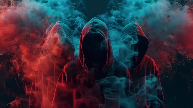 A group of masked hackers, a dangerous and hooded collective, engaged in cyber crime, cyber attacks, and system breaches. This dark and anonymous assembly represents a significant threat in the realm