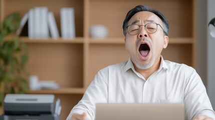 Japanese Employee Yawning During a Video Conference Call in an Office Setting, Expressing Tiredness and Distraction While Working Remotely, Showing a Common Workplace Scenario
