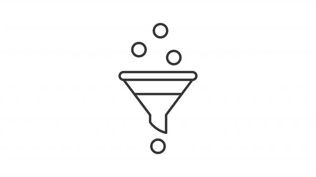 Conversion line animation. Data funnel animated icon. Falling circles. Filtering diagram, analysis. Black illustration on white background. HD video with alpha channel. Motion graphic