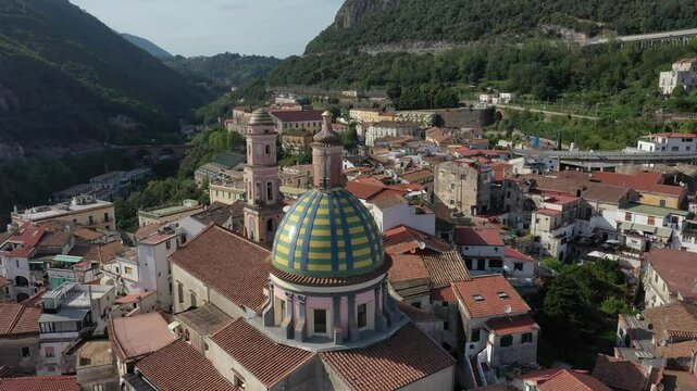 Aerial view of the sea, promenade and central part of the town of Vietri sul Mare on a sunny summer day, Raite, Salerno, Italy