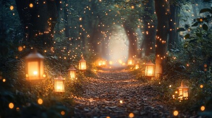 Enchanted Forest Pathway Illuminated by Lanterns and Fireflies Surrounded by Lush Green Trees and Soft Glowing Light, Captivating Nighttime Atmosphere