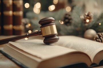 Gavel resting on an open law book with festive background lighting, symbolizing justice during the...