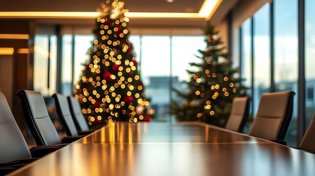 Festively decorated office conference room with illuminated Christmas trees, creating a warm and inviting holiday atmosphere during winter.