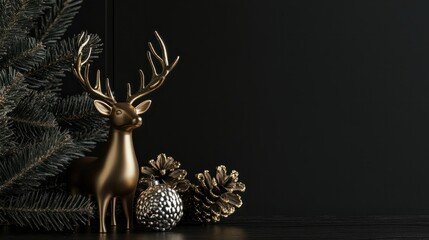 Gold Christmas decoration for Christmas and New Year shopping season concept on dark table background.