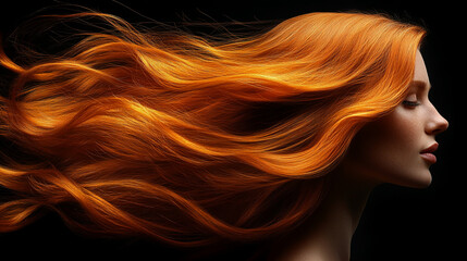 Beautiful Woman with red hair, long and wavy, against a black background