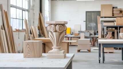 woodwork cabinetry. A wooden column stands prominently on a workbench, surrounded by tools and materials in a bright workshop filled with woodworking projects.