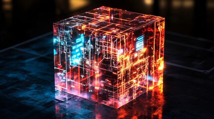 Siamrat transparent cube blockchain model demonstrating real-time data processing digital environment technology visualization futuristic view innovative concept