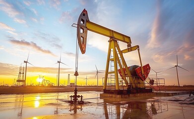 Oil pump in a field at sunset with wind turbines in the background, silhouettes, energy industry background