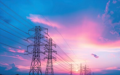 High-voltage power lines, a high-voltage tower at sunset