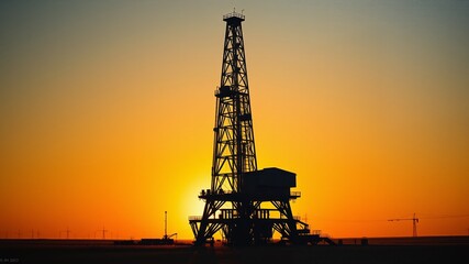 Obraz premium A towering oil drilling rig stands majestically at dusk, its steel structure aglow with a warm, golden light