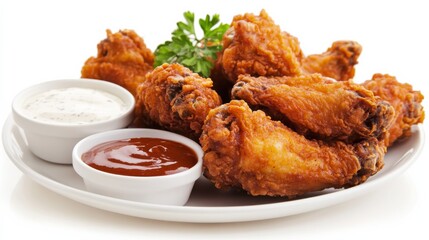 A plate of crispy chicken wings with a variety of dipping sauces including barbecue, buffalo, and ranch
