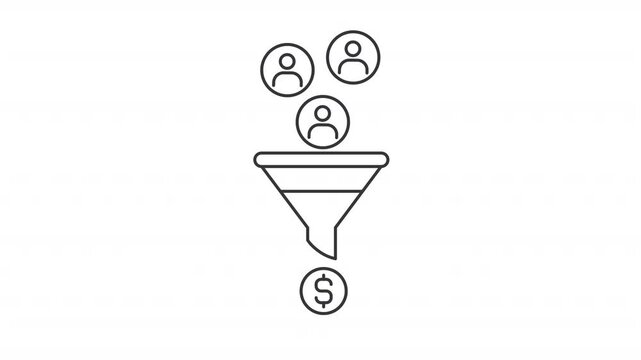 Lead conversion line animation. Business funnel animated icon. Falling customers, money coin. Sales, analytics. Black illustration on white background. HD video with alpha channel. Motion graphic