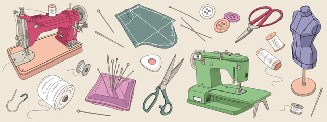 Set of hand drawn sewing tools isolated on background. Atelier sketch elements. Needlework supplies. Sewing machine, mannequin, pin, thread, button. Vector illustration