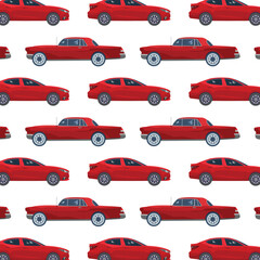 Seamless pattern of red cars on a white background. Vector illustration.
